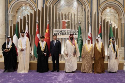 ولي العهد السعودي المملكة العربية السعودية محمد بن سلم السود (ج) ، أمير قطر الشيخ تريم بن حمد ثاني (L-2) والرئيس الصيني شيخ جين بينغ (L-4) ، وزيرة الأميركرتير ، وزير الصين ، النيف ، (ل) ، ملك البحرين حمد بن عيسى الخاليفا (ص 3) ونائب رئيس الوزراء العبداني سيد فهد بن محمود السايد (L-3) لالتقاط صورة عائلية قبل مجلس التعاون الجليدي 43 (AmiRi من مجلس التعاون (GCC) في ريادر ، ساوديه. وكالة Anadolu)