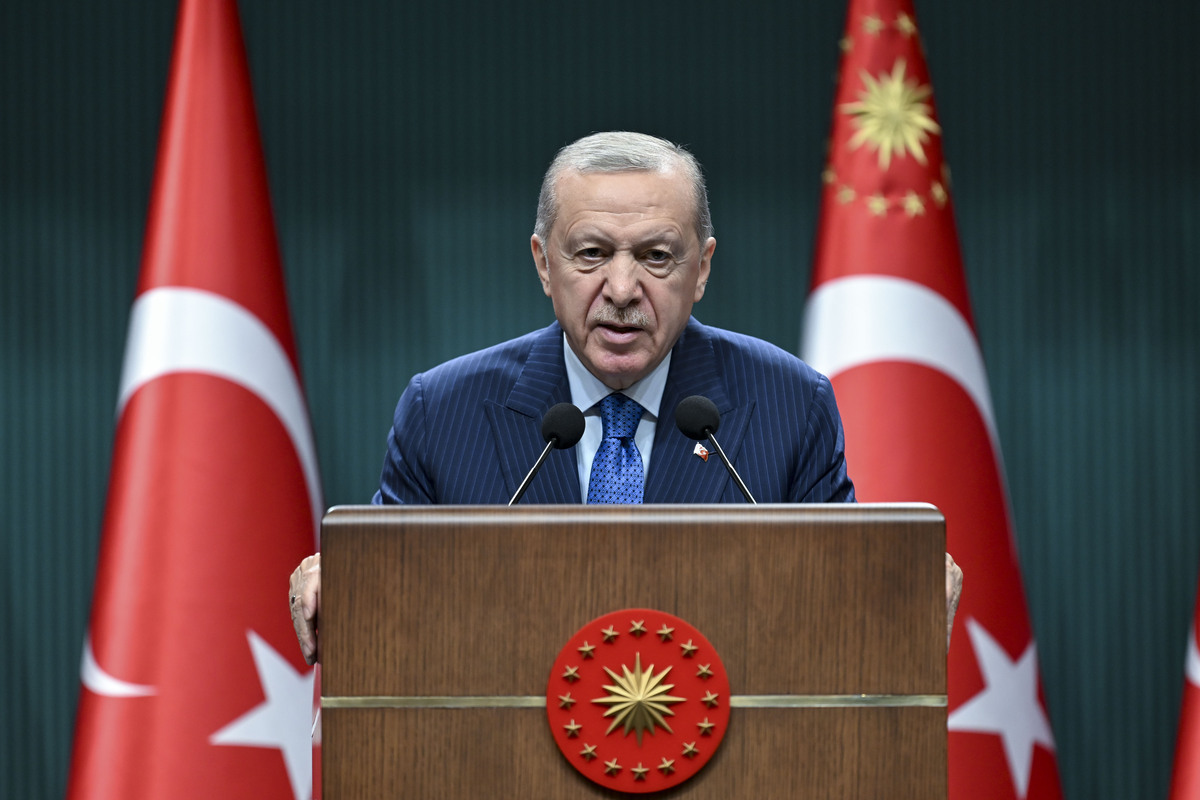 الرئيس التركي رجب طيب أردوغان يلقي خطابًا في أنقرة ، تركي ، في 28 يوليو 2025.