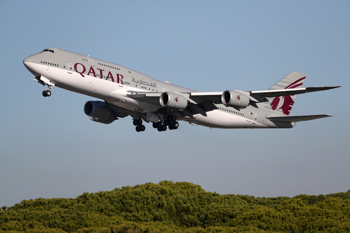 Boeing 747-8Z5 (BBJ) من شركة طيران قطر أميري ، التي تملكها وتديرها الحكومة القطرية. (الصورة من قبل Joanvalls /Urbanandsport /Nurphoto عبر Getty Images)