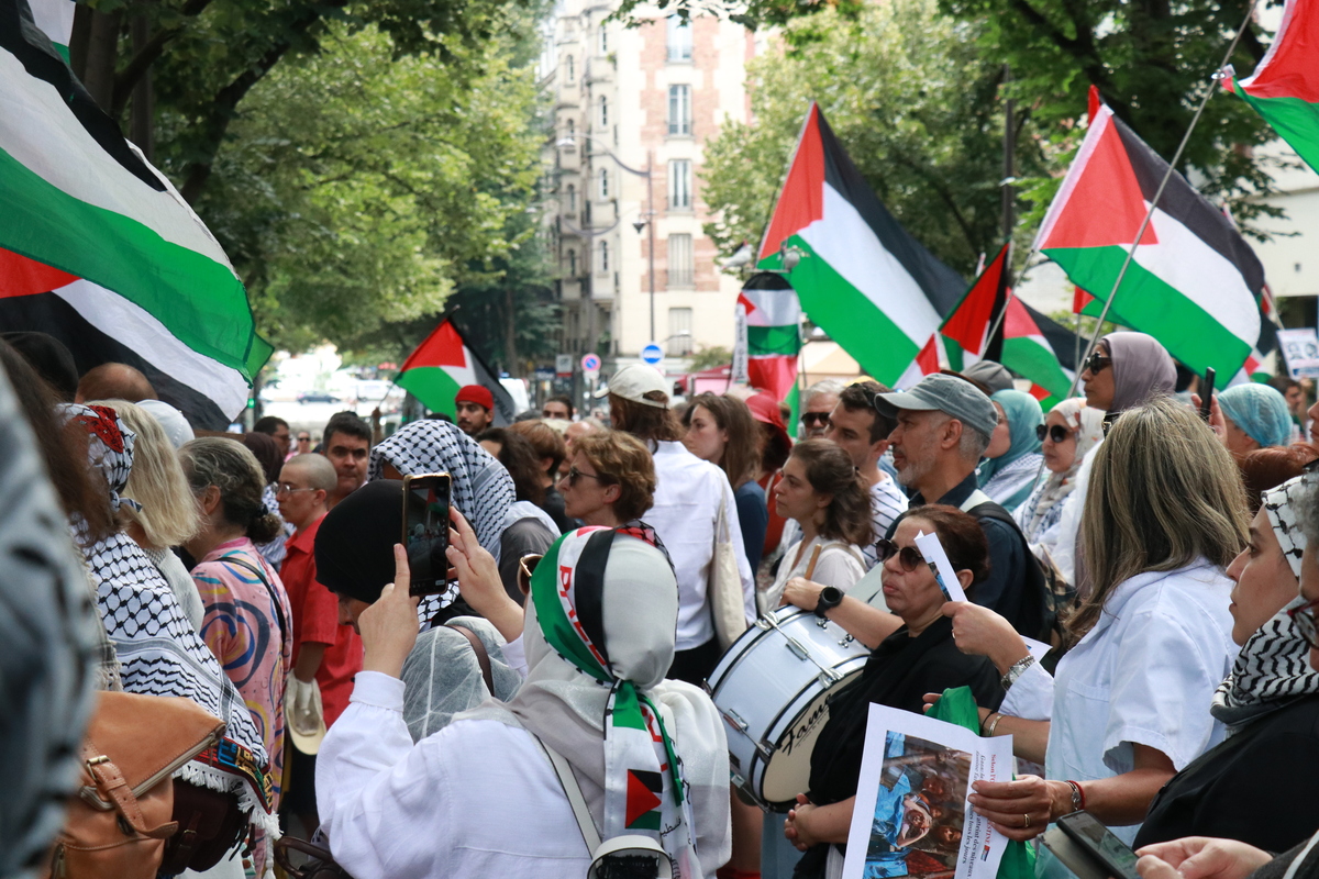 يظهر عمال الرعاية الصحية ، الذين يحملون لافتات وأعلام فلسطينية ، بين مستشفى تينون ومستشفى روبرت ديبري لإدانة الوضع الإنساني في غزة وتدمير نظام الرعاية الصحية الفلسطيني في باريس ، فرنسا في 26 يوليو 2025.