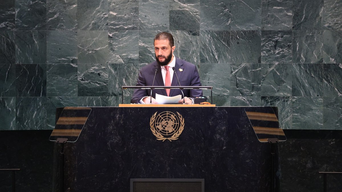 يوفر الرئيس السوري أحمد الشارا خطابه خلال النقاش العام للجمعية العامة الثمانين من الأمم المتحدة في مقر الأمم المتحدة في مدينة نيويورك ، الولايات المتحدة في 24 سبتمبر 2025 (الرئاسة السورية / النشرة - وكالة Anadolu)