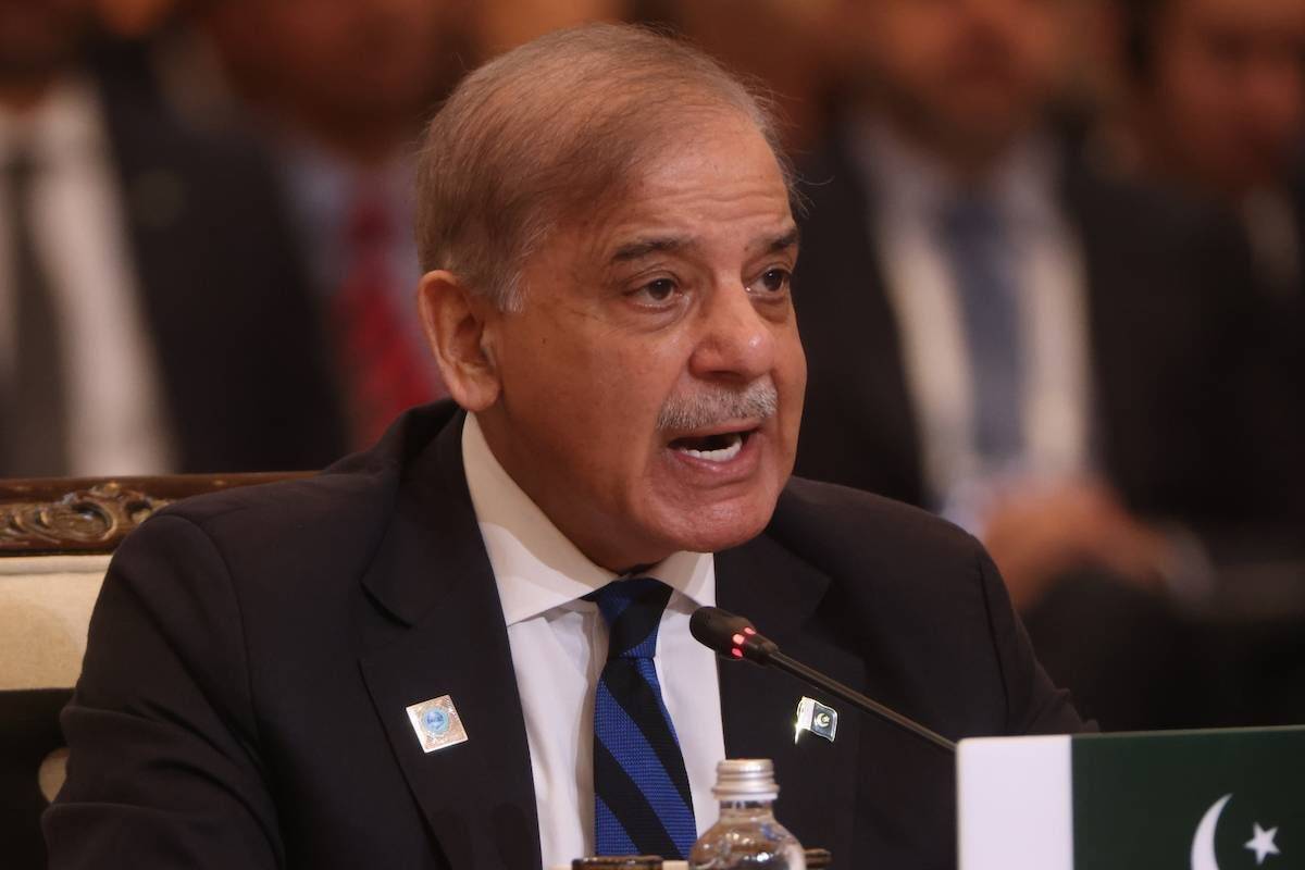 يتحدث رئيس الوزراء الباكستاني شيباز شريف خلال الجلسة العامة لقمة SCO ، 4 يوليو 2024 ، في أستانا ، كازاخستان. (مساهم/Getty Images)