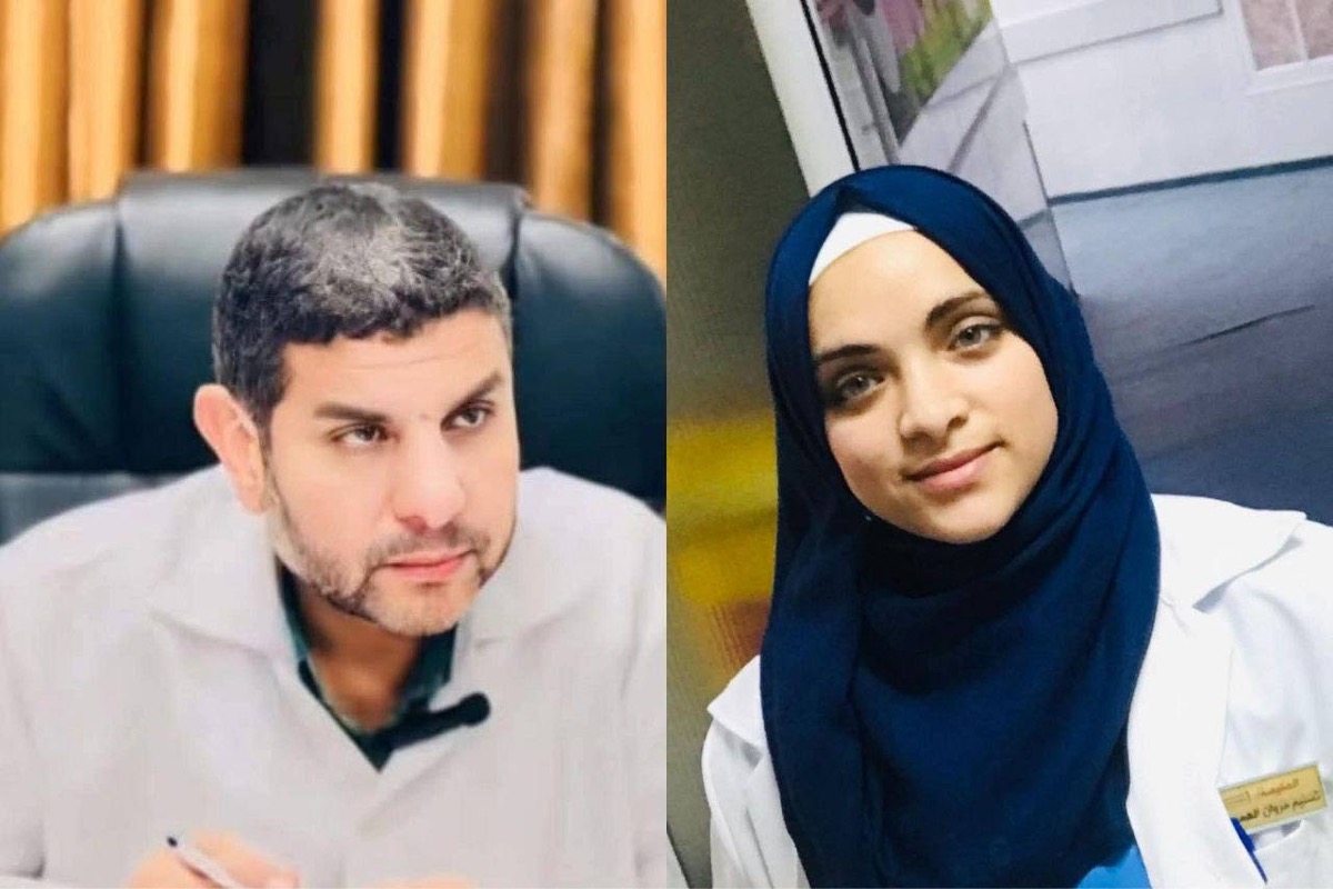 الممرضة الفلسطينية تاسنيم ماروان الهومز (ص) ، الدكتور ماروان آل هومز ، مدير المستشفيات الميدانية في غزة (L) (وسائل التواصل الاجتماعي ، أحمد أتار)