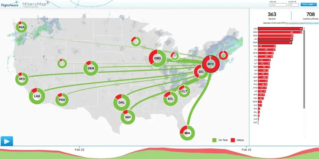 خريطة “بؤر المعاناة” تكشف المطارات المتضررة بشدة من عاصفة ثلجية في الساحل الشرقي
